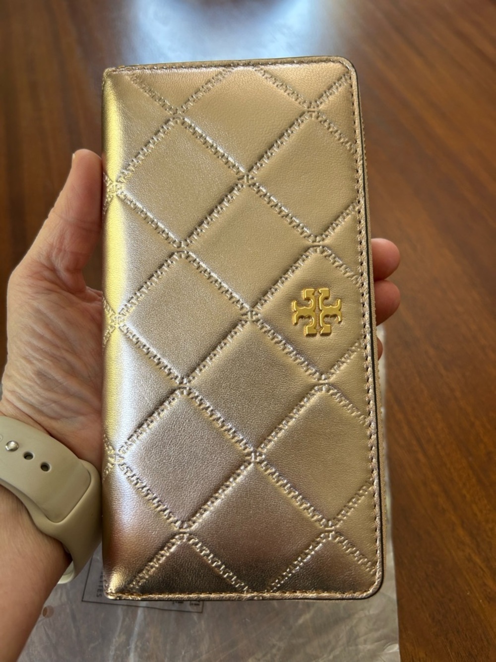 Tory Burch Quilted Metallic Zip Continental Wallet - Rose Gold - Picture 3 of 7